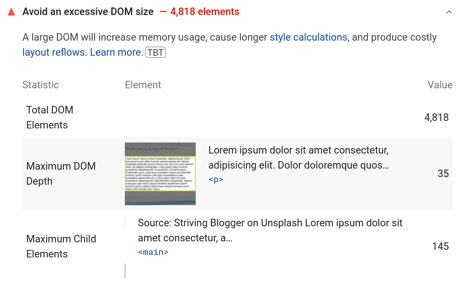 Screenshot von der Ergebnisseite eines Tests mit PageSpeed Insights, der eine Anmerkung von Lighthouse bezüglich der DOM-Größe zeigt.